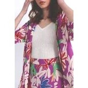 Lili Sidonio Purple Eva Floral Print Blazer Pockets Open Front Large Lightweight